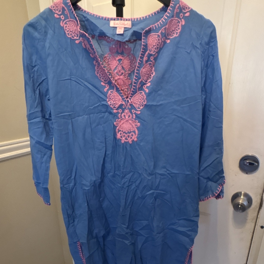 Lilly Pulitzer Blue Pink Embroidered Shift Dress 3/4 Sleeve V-Neck XXS